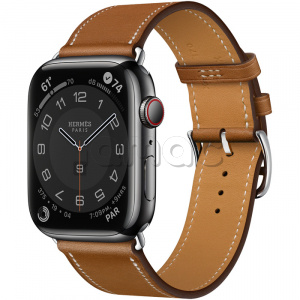 Купить Apple Watch Series 7 Hermès // 45мм GPS + Cellular // Корпус из нержавеющей стали цвета «черный космос», ремешок Single Tour цвета Fauve