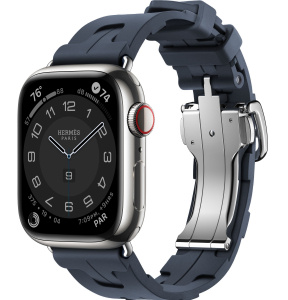 Apple Watch Series 9 Hermès // 41мм GPS+Cellular // Корпус из нержавеющей стали серебристого цвета, ремешок Kilim Single Tour цвета Navy с раскладывающейся застёжкой (Deployment Buckle)