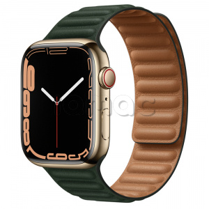 Купить Apple Watch Series 7 // 45мм GPS + Cellular // Корпус из нержавеющей стали золотого цвета, кожаный браслет цвета «зелёная секвойя», размер ремешка S/M