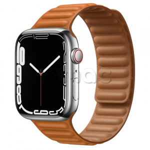 Купить Apple Watch Series 7 // 45мм GPS + Cellular // Корпус из нержавеющей стали серебристого цвета, кожаный браслет цвета «золотистая охра», размер ремешка M/L