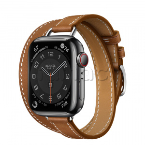 Купить Apple Watch Series 7 Hermès // 41мм GPS + Cellular // Корпус из нержавеющей стали цвета «черный космос», ремешок Double Tour Attelage из кожи Barénia цвета Fauve