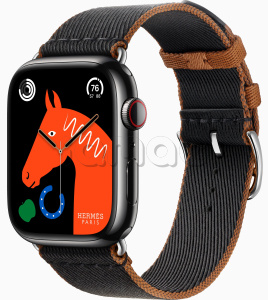 Купить Apple Watch Series 9 Hermès // 45мм GPS+Cellular // Корпус из нержавеющей стали цвета "черный космос", ремешок Twill Jump Single Tour цвета Noir/Gold