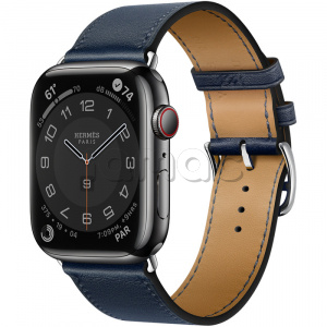 Купить Apple Watch Series 7 Hermès // 45мм GPS + Cellular // Корпус из нержавеющей стали цвета «черный космос», ремешок Single Tour цвета Navy