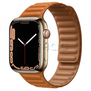 Купить Apple Watch Series 7 // 45мм GPS + Cellular // Корпус из нержавеющей стали золотого цвета, кожаный браслет цвета «золотистая охра», размер ремешка S/M