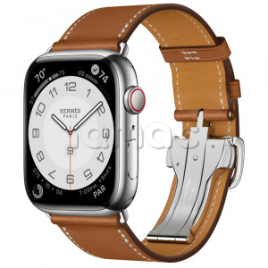 Купить Apple Watch Series 8 Hermès // 45мм GPS + Cellular // Корпус из нержавеющей стали серебристого цвета, ремешок Single Tour цвета Fauve с раскладывающейся застёжкой (Deployment Buckle)