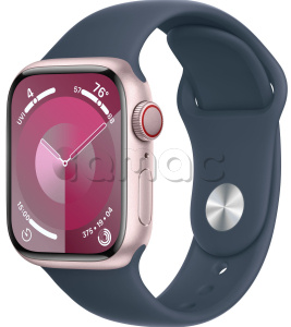 Купить Apple Watch Series 9 // 45мм GPS+Cellular // Корпус из алюминия розового цвета, спортивный ремешок цвета "штормовой синий"