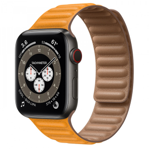 Apple Watch Series 6 // 44мм GPS + Cellular // Корпус из титана цвета «черный космос», кожаный браслет цвета «Золотой апельсин», размер ремешка S/M