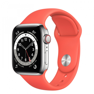 Apple Watch Series 6 // 40мм GPS + Cellular // Корпус из нержавеющей стали серебристого цвета, спортивный ремешок цвета «Розовый цитрус»