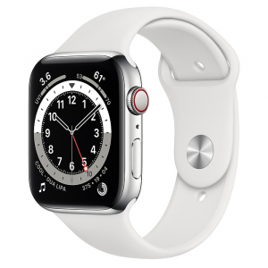 Apple Watch Series 6 // 44мм GPS + Cellular // Корпус из нержавеющей стали серебристого цвета, спортивный ремешок белого цвета