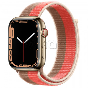 Купить Apple Watch Series 7 // 45мм GPS + Cellular // Корпус из нержавеющей стали золотого цвета, спортивный браслет цвета «розовый помело/миндальный»