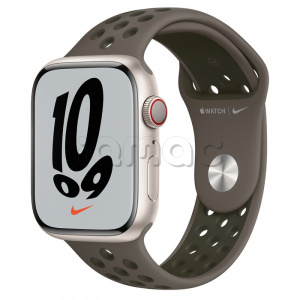 Купить Apple Watch Series 7 // 45мм GPS + Cellular // Корпус из алюминия цвета «сияющая звезда», спортивный ремешок Nike цвета «cерая олива/рабочий хаки»