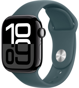 Apple Watch Series 10 // 46мм GPS // Черный глянцевый корпус из алюминия, спортивный ремешок цвета "зеленое озеро"