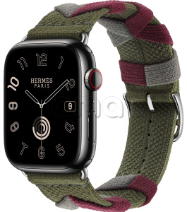Купить Apple Watch Series 9 Hermès // 45мм GPS+Cellular // Корпус из нержавеющей стали цвета "черный космос", ремешок Bridon Single Tour цвета Kaki