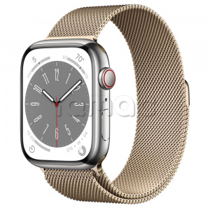 Купить Apple Watch Series 8 // 45мм GPS + Cellular // Корпус из нержавеющей стали серебристого цвета, миланский сетчатый браслет золотого цвета