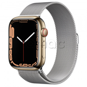 Купить Apple Watch Series 7 // 45мм GPS + Cellular // Корпус из нержавеющей стали золотого цвета, миланский сетчатый браслет серебристого цвета