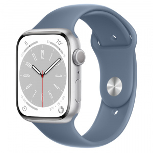 Apple Watch Series 8 // 45мм GPS // Корпус из алюминия серебристого цвета, спортивный ремешок сланцево-синего цвета