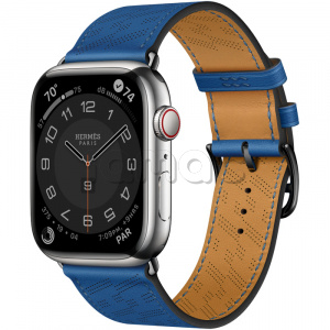 Купить Apple Watch Series 8 Hermès // 45мм GPS + Cellular // Корпус из нержавеющей стали серебристого цвета, ремешок Single Tour H Diagonal цвета Bleu de France