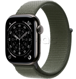 Купить Apple Watch Series 11 // 46мм GPS+Cellular // Корпус из титана сланцевого цвета, спортивный браслет цвета "зеленый лес"