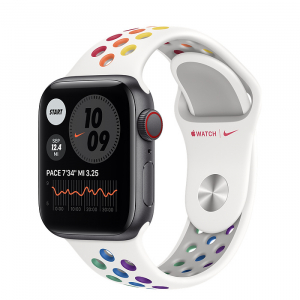 Apple Watch SE // 40мм GPS + Cellular // Корпус из алюминия цвета «серый космос», спортивный ремешок Nike радужного цвета (2020)