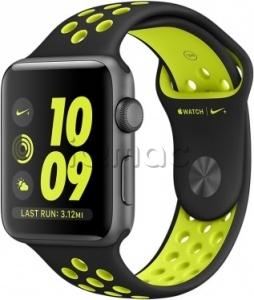 Купить Apple Watch Series 2 Nike+ 42мм Корпус из алюминия цвета «серый космос», спортивный ремешок Nike цвета «чёрный/салатовый» (MP0A2)
