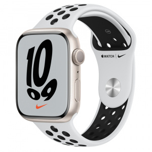 Apple Watch Series 7 // 45мм GPS // Корпус из алюминия цвета «сияющая звезда», спортивный ремешок Nike цвета «чистая платина/чёрный»