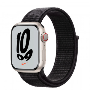 Apple Watch Series 7 // 41мм GPS + Cellular // Корпус из алюминия цвета «сияющая звезда», спортивный браслет Nike чёрного цвета