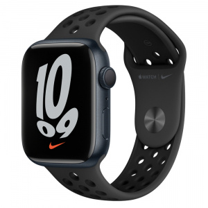 Apple Watch Series 7 // 45мм GPS // Корпус из алюминия цвета «тёмная ночь», спортивный ремешок Nike цвета «антрацитовый/чёрный»