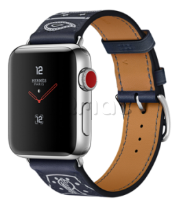 Купить Apple Watch Series 3 Hermès // 38мм GPS + Cellular // Корпус из нержавеющей стали, ремешок из кожи Single Tour Eperon d’Or с морской гала-картой (MQLN2)