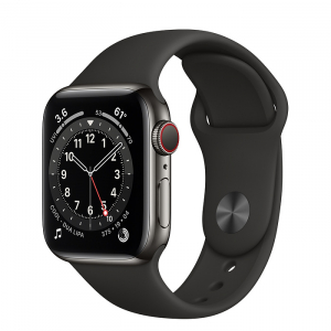 Apple Watch Series 6 // 40мм GPS + Cellular // Корпус из нержавеющей стали графитового цвета, спортивный ремешок черного цвета