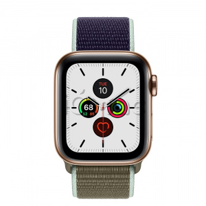 Apple Watch Series 5 // 40мм GPS + Cellular // Корпус из нержавеющей стали золотого цвета, спортивный браслет цвета «лесной хаки»