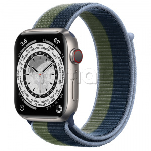 Купить Apple Watch Series 7 // 45мм GPS + Cellular // Корпус из титана, спортивный браслет цвета «синий омут/зелёный мох»