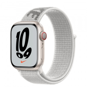 Apple Watch Series 7 // 41мм GPS + Cellular // Корпус из алюминия цвета «сияющая звезда», спортивный браслет Nike цвета «снежная вершина»