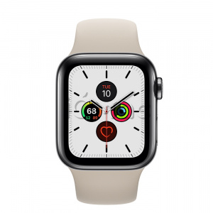 Купить Apple Watch Series 5 // 40мм GPS + Cellular // Корпус из нержавеющей стали цвета «серый космос», спортивный ремешок бежевого цвета