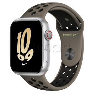 Купить Apple Watch Series 8 // 45мм GPS + Cellular // Корпус из алюминия серебристого цвета, спортивный ремешок Nike цвета "серая олива/черный"
