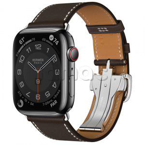 Купить Apple Watch Series 7 Hermès // 45мм GPS + Cellular // Корпус из нержавеющей стали цвета «черный космос», ремешок Single Tour цвета Ébène с раскладывающейся застёжкой (Deployment Buckle)