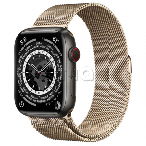 Купить Apple Watch Series 7 // 45мм GPS + Cellular // Корпус из титана цвета «черный космос», миланский сетчатый браслет золотого цвета