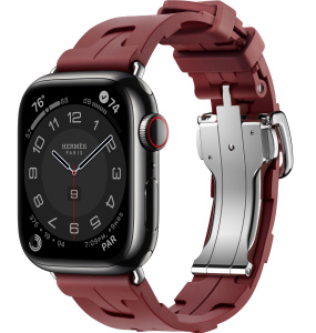 Apple Watch Series 9 Hermès // 41мм GPS+Cellular // Корпус из нержавеющей стали цвета "черный космос", ремешок Kilim Single Tour цвета Rouge H с раскладывающейся застёжкой (Deployment Buckle)