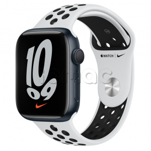 Купить Apple Watch Series 7 // 45мм GPS // Корпус из алюминия цвета «тёмная ночь», спортивный ремешок Nike цвета «чистая платина/чёрный»