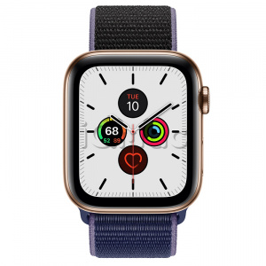 Купить Apple Watch Series 5 // 44мм GPS + Cellular // Корпус из нержавеющей стали золотого цвета, спортивный браслет тёмно-синего цвета