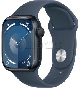 Купить Apple Watch Series 9 // 45мм GPS // Корпус из алюминия цвета "темная ночь", спортивный ремешок цвета "штормовой синий"