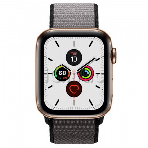 Apple Watch Series 5 // 44мм GPS + Cellular // Корпус из нержавеющей стали золотого цвета, спортивный браслет цвета «тёмный графит»