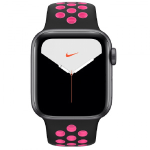 Купить Apple Watch Series 5 // 44мм GPS + Cellular // Корпус из алюминия цвета «серый космос», спортивный ремешок Nike цвета «чёрный/розовый всплеск»