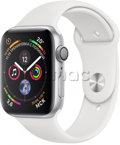 Apple Watch Series 4 // 44мм GPS // Корпус из алюминия серебристого цвета, спортивный ремешок белого цвета (MU6A2)