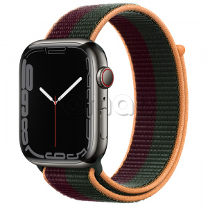Купить Apple Watch Series 7 // 45мм GPS + Cellular // Корпус из нержавеющей стали графитового цвета, спортивный браслет цвета «тёмная вишня/зелёный лес»