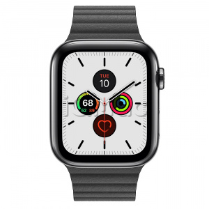 Apple Watch Series 5 // 44мм GPS + Cellular // Корпус из нержавеющей стали цвета «серый космос», кожаный ремешок черного цвета, размер ремешка L
