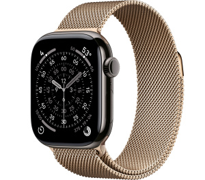 Apple Watch Series 11 // 42мм GPS+Cellular // Корпус из титана сланцевого цвета, миланский сетчатый браслет золотого цвета