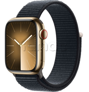 Купить Apple Watch Series 9 // 41мм GPS+Cellular // Корпус из нержавеющей стали золотого цвета, спортивный браслет цвета "темная ночь"