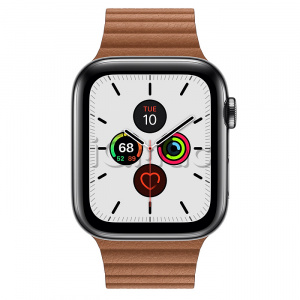 Купить Apple Watch Series 5 // 44мм GPS + Cellular // Корпус из нержавеющей стали цвета «серый космос», кожаный ремешок золотисто-коричневого цвета, размер ремешка M