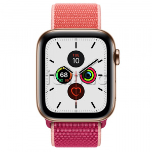 Apple Watch Series 5 // 44мм GPS + Cellular // Корпус из нержавеющей стали золотого цвета, спортивный браслет цвета «сочный гранат»