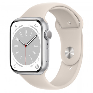 Apple Watch Series 8 // 45мм GPS // Корпус из алюминия серебристого цвета, спортивный ремешок цвета "сияющая звезда"